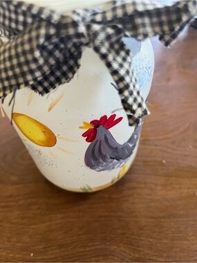 Hand-Painted Rooster jar with Gingham Top - White